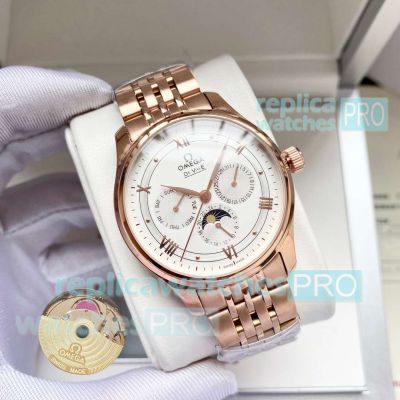 AAA replica Omega De Ville rose gold case white dial 40mm automatic watch 